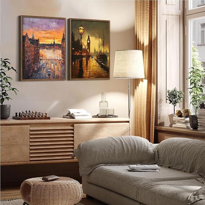 2Pcs Wood Framed Oil Painting Landscape Wall Art Vintage City Canvas Print Dusk Scenery Poster Decorative Painting European Street Scene Picture Living Room Study Gallery Decor 12x16 Inch