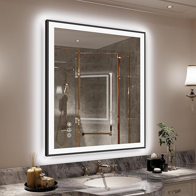 LED Bathroom Mirror 36x32 with Backlit and Front Lighted, Framed Dimmable Illuminated Mirror for Wall Anti-Fog Shatterproof (Horizontal/Vertical)