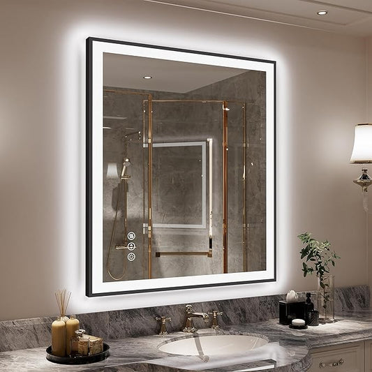 LED Bathroom Mirror 36x32 with Backlit and Front Lighted, Framed Dimmable Illuminated Mirror for Wall Anti-Fog Shatterproof (Horizontal/Vertical)