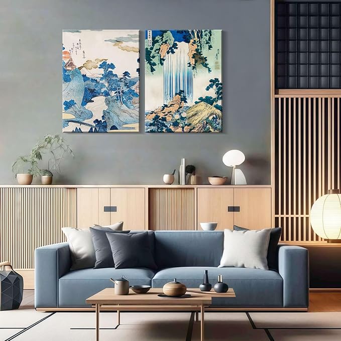 2Pcs Framed Landscape waterfall Japanese Ukiyo-e Wall Art Decor Canvas Print Picture Traditional Woodblock Print Style Poster Gallery Bedroom Living Room Office 12x16 Inch Ready to Hang
