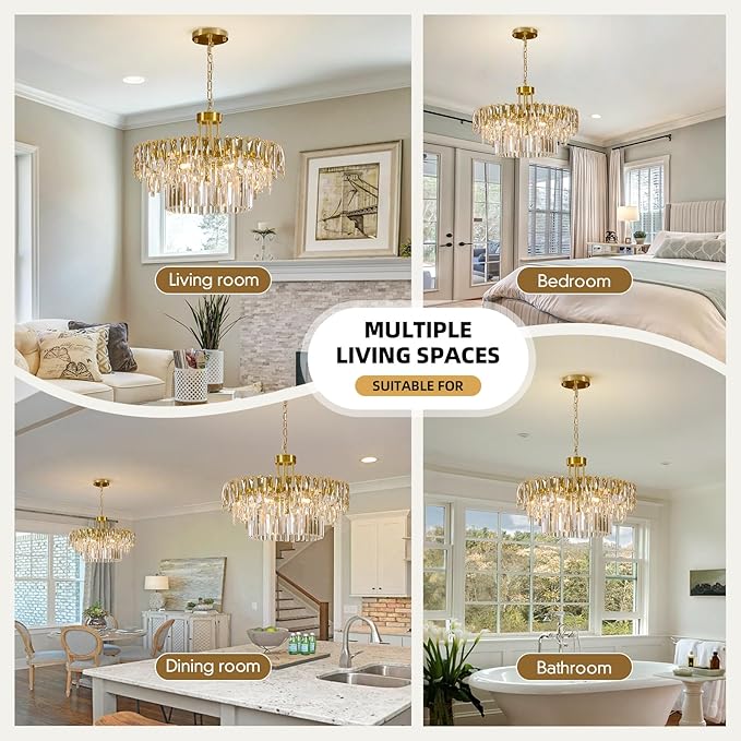 Modern Gold Round Crystal Dining room Chandelier - 23.6'' Luxury Raindrop K9 Crystals Chandeliers,Contemporary 3 Tier Ceiling Light Chandelier for Living room Bedroom Foyer Entryway (Include bulbs)