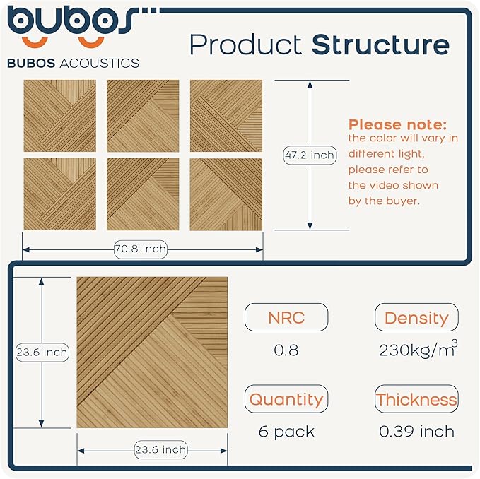 BUBOS Large Acoustic Panels,6 Pack Wood-Pattern Printing Soundproof Wall Panels, Total Size 70.8 x 47.2 Inches Self-Adhesive Decorative Sound Absorbing Panels for Studio, Home,Light Diamond Weave