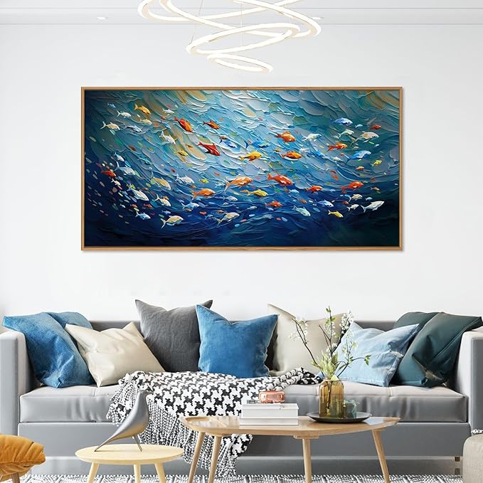 CHDITB Ocean Canvas Wall Art, 20"X40" Large Sea Fish Painting, Navy Blue Marine Fish Wall Decor, Colorful Fishes Artwork for Living Room, Bedroom, Office, Modern Home Decor