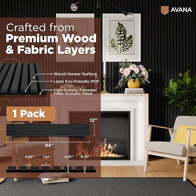 Avana Modern Acoustic Wood Wall Panels – 94.4 X 12.6 Inch Black Oak Acoustic Panels 1 PC – Wall Panels For Interior Wall Decor For Homes, Offices, Studios – Sturdy And Durable Wood Panels For Wall