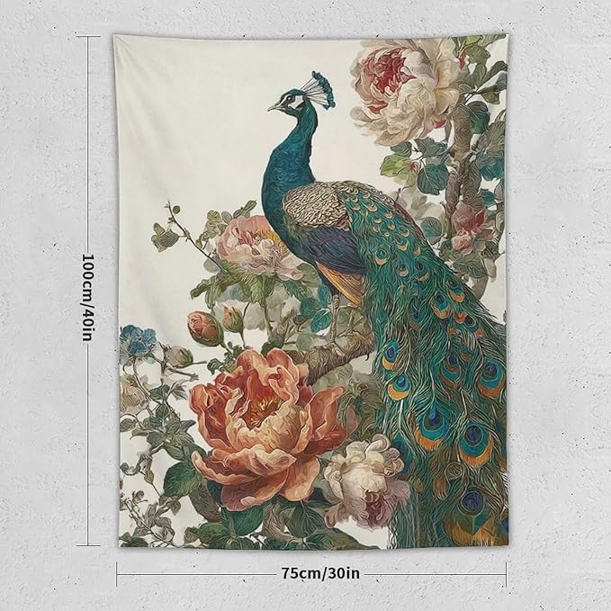 UUKXKUU Peacock Oriental Retro Blooming Flowers Tree Tapestry Flag Backdrop Wall Hanging Large Wall Art Decor for Dorm Office Bedroom Living Room 30"×40"