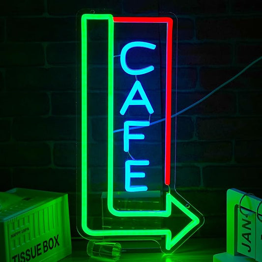Cafe Neon Sign for Wall Decor 16.14’’*8.46’’ Attracting Coffee Shop Light Up Sign Dimmable Usb Green Right Arrow Led Light Sign for Living Room Restaurant Bistro Man Cave Coffee Bar Party
