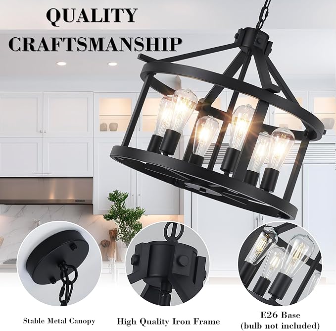 21.5'' Large Black Chandeliers Farmhouse Light Fixtures Vintage Rustic Cage Pendant Light Kitchen Island for Dining Room Foyer Entryway Living Room