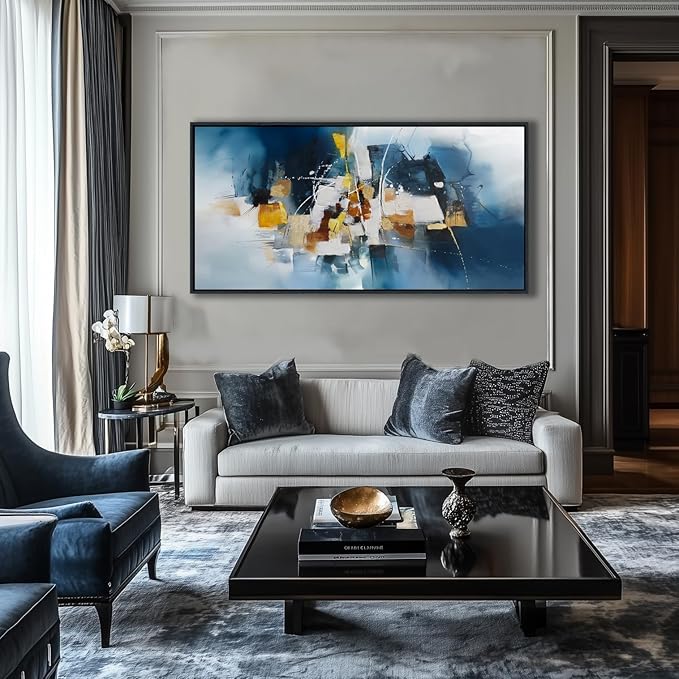 Abstract Canvas Wall Art Navy Blue Wall Art for Living Room Framed Modern Artwork for Walls, Above Bed Wall Decor Navy and Gold for Bedroom and Living Room Office Pictures Wall Decor 20×40IN