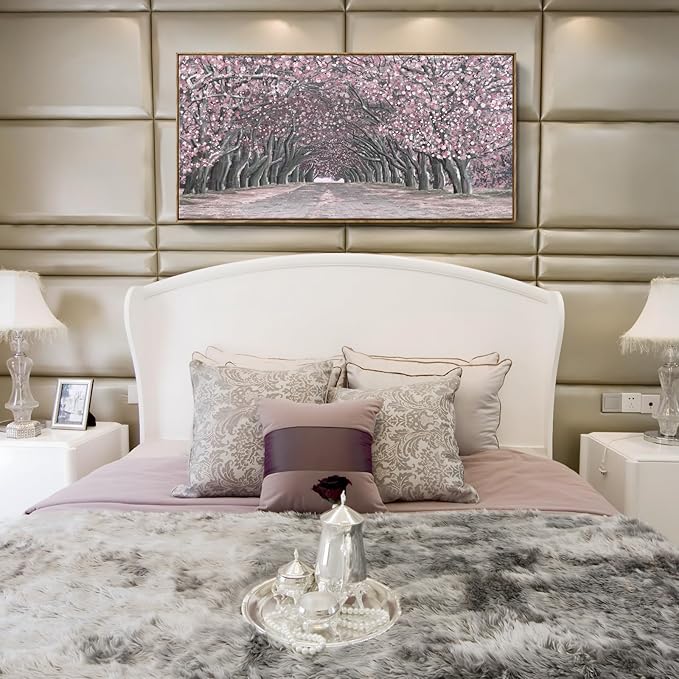 Nicetop Framed Canvas Wall Art – Pink Cherry Blossom Tree Tunnel Canvas Print Romantic Floral Landscape Artwork Abstract Forest Picture for Bedroom Living Room Girls Women Wall Decor Large Size 48x24 Inch