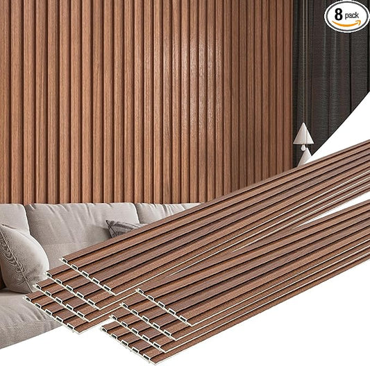 Art3d 8 Pack 96" x 6" WPC Slat Wall Panels, 3D Fluted Panel for Interior Wall Decor, TV Background, Bedroom, Living Room - Warm Teak