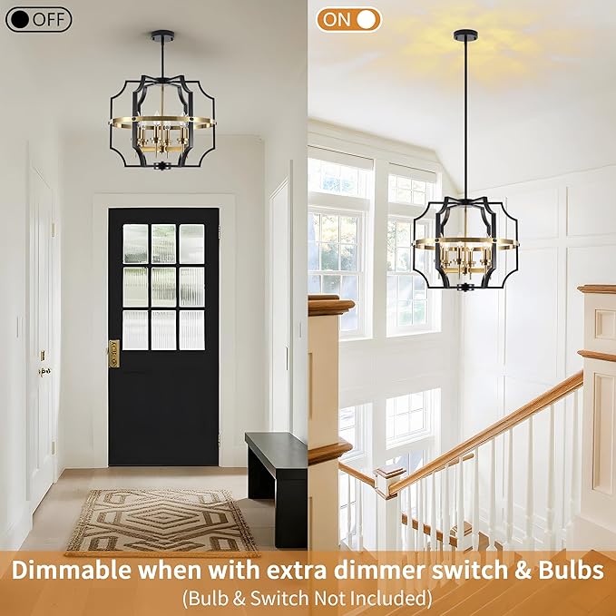 19.7'' Black and Gold Chandelier for Dining Room, 6-Light Farmhouse Industrial Chandelier Adjustable Modern Geometric Pendant Lights for Living Room Kitchen Entryway Foyer Hallway