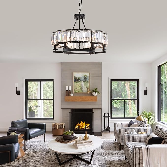 NOXARTE Round Crystal Chandelier 6 Lights Hanging Chandelier Pendant Light Ceiling Fixture Black Iron Frame for Dining Room Living Room Farmhouse D26 Inch x H20 Inch