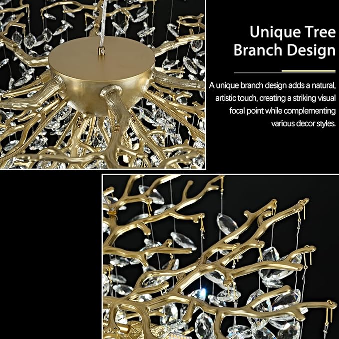 40 inch Crystal Chandelier for Dining Room, Round Gold Tree Branches Chandeliers, Top K9 Crystal Chandelier, Modern Chandeliers for Kitchen,Foyer Entryway