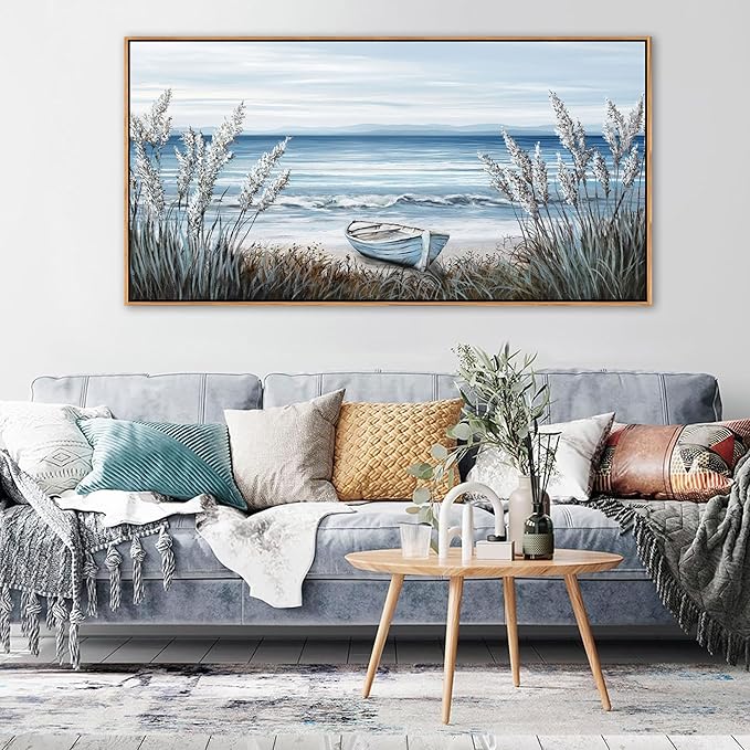AJAZIKO Beach Vintage Wall Decor Pictures for Living Room Coastal Artwork for Walls Ocean Bedroom Wall Decor Above Bed Landscape Beach Canvas Wall Art Featuring Boat, Farmhouse, Seascape 20×40IN