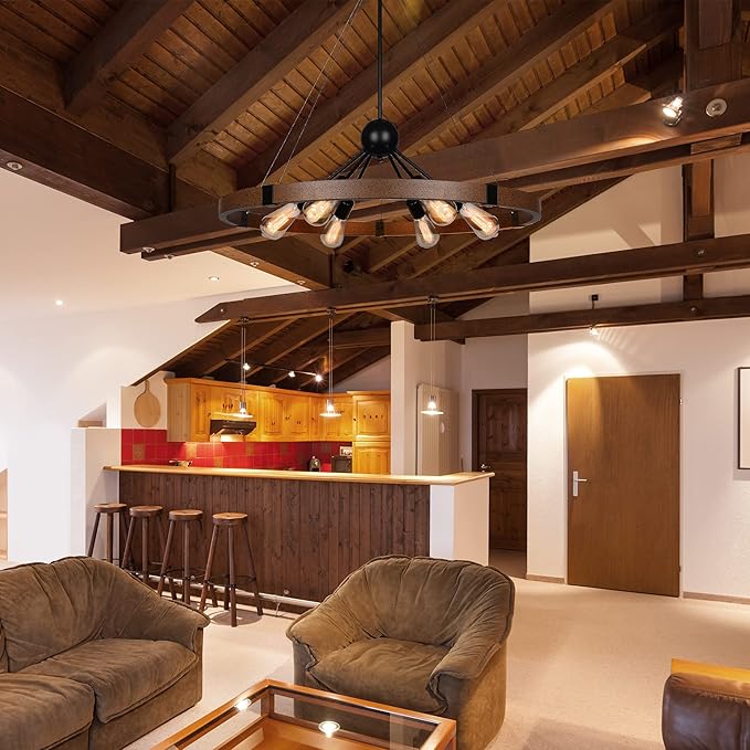 31.5'' Farmhouse Chandeliers for Dining Room, Rustic Wagon Wheel Chandelier for Entryway, Sputnik Light Fixture for Breakfast Area Stairwell Bedroom Foyer, Vintage Rust and Black Finishe