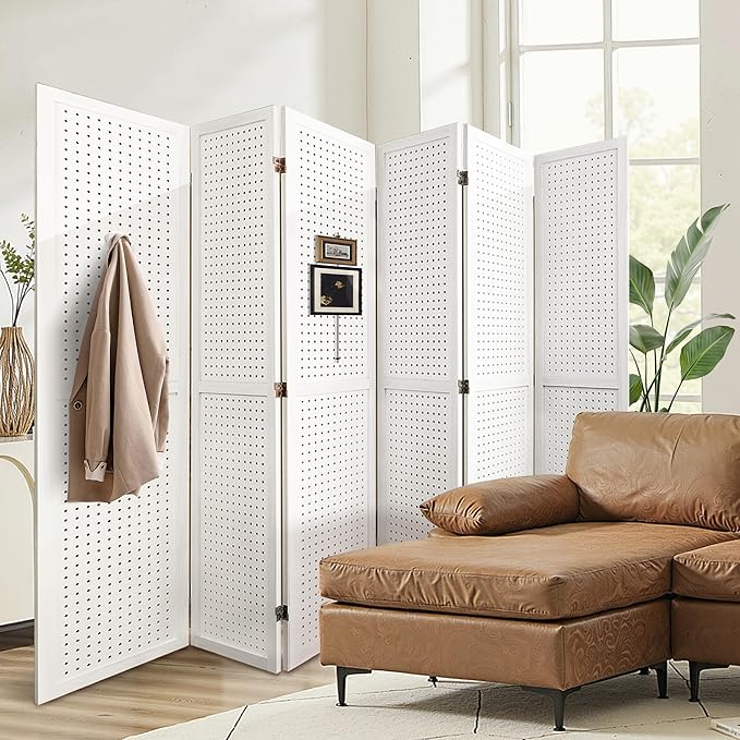 6 Panel Room Divider with Pegboard Display 5.6FT Wood PegBoard Room Dividers, Folding Privacy Screens Portable Freestanding Partition Wall Divider for Art Shows & Room Separation, White