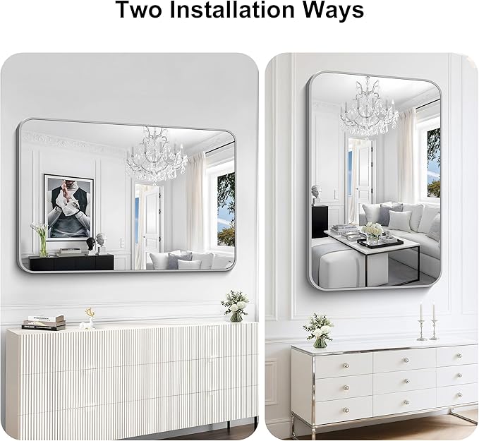 KOCUUY Silver Bathroom Mirror, 55x36 Inch Large Bathroom Mirror for Over Sink, HD Tempered Glass, Anti-Rust Brushed Silver Frame, Rounded Corner Modern Design for Bathroom, Hang Horizontal/Vertical