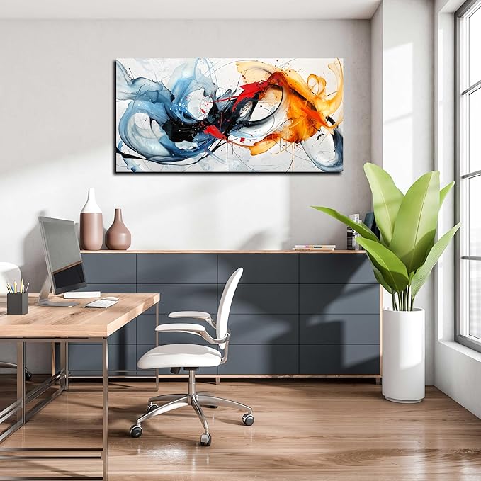 Blue Abstract Canvas Wall Art Bedroom - Modern Wall Art for Living Room Ready to Hang Size 24" x 48"