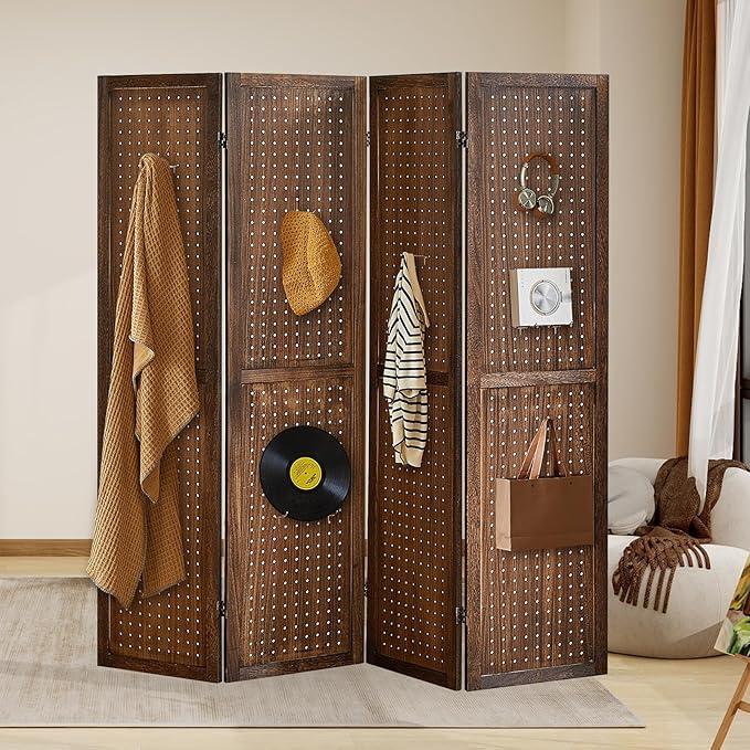 4 Panel Pegboard Display with 16 Hooks, Wooden Room Divider Wall and Folding Privacy Screens, Partition Room dividers, Pegboard Room Divider, Jewelry Store, Bedroom, Balcony, Dark Brown