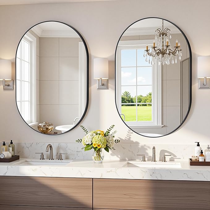 Antok 2PCS Wall Mirror, 24"x36" Bathroom Vanity Mirror, Anti-Rust HD Tempered Glass, Wall Mounted Mirrors for Living Room, Entryway, Hallway, Black Frame, Oval
