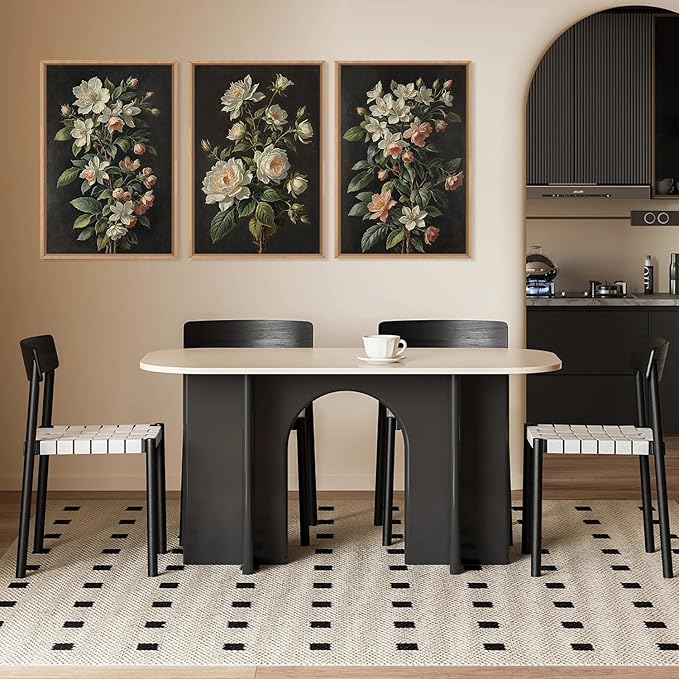 Moody Botanical Floral Framed Canvas Print Wall Art Set,Vintage Retro Dark Black Flowers Wall Decor,Nature Modern Elegant Wildflower Artwork for Living Room,Bedroom-24 x36 x3