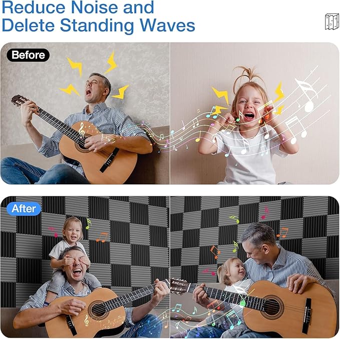 12 Pack Self-Adhesive Acoustic Panels - 1”X 12”X 12”Wall Panels - Quick-Recovery and High Density Sound Panels - Sound proof Acoustic Foam for Home Studio - Gray