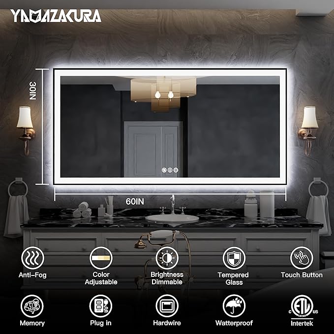 LED Mirror for Bathroom - Framed Dimmable Vanity Mirror with Backlit & Front Light, Anti-Fog, Shatterproof, Memory, 3 Colors (Horizontal/Vertical) 60x30