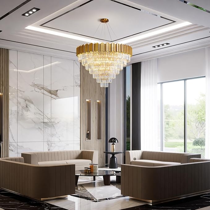 7-Tier 39" Modern Crystal Chandelier, 21-Light Gold Chandelier, Luxury Round K9 Crystal Chandeliers Pendant Light Fixture for Dining Room, Living Room, Bedroom, Foyer, Entryway, Kitchen, Restaurant