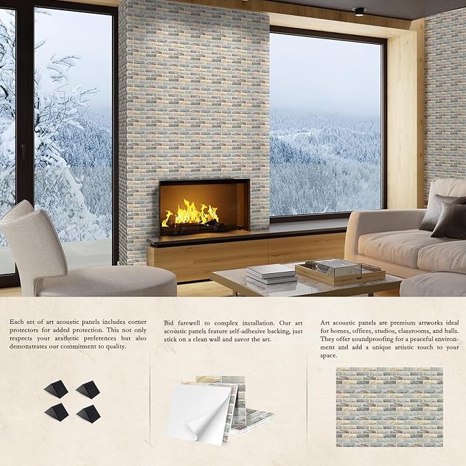 12Pack Acoustic Panels, Self-Adhesive 3D Brick Pattern Sound Proof Panels for Walls, Decorative Sound Dampening Wall Panels for Recording Studios, Offices, Home, 12"×12"×0.4", Stone
