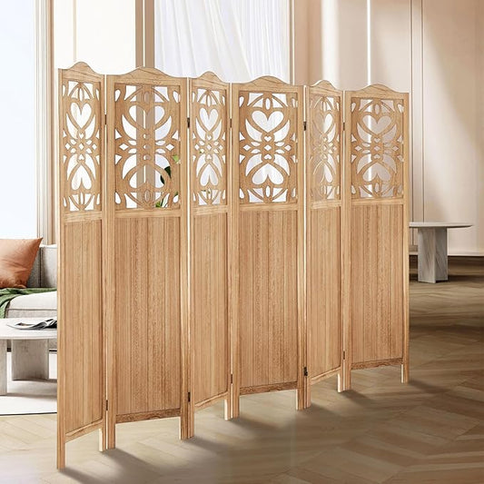 6 Panel Room Divider Fully Assembled, Carved Room Dividers and Folding Screens, 5.6Ft Wood Room Divider Screen Freestanding Partition Wall Dividers for Home Bedroom Office, Rustic Wood Color