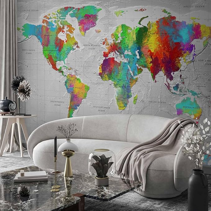 artgeist Premium Wall Mural World Map 79x55 in - XXL Non-Woven Wallpaper Fleece Wall Decor Photo Print Picture Image Design Home Map of The World k-A-0128-a-a