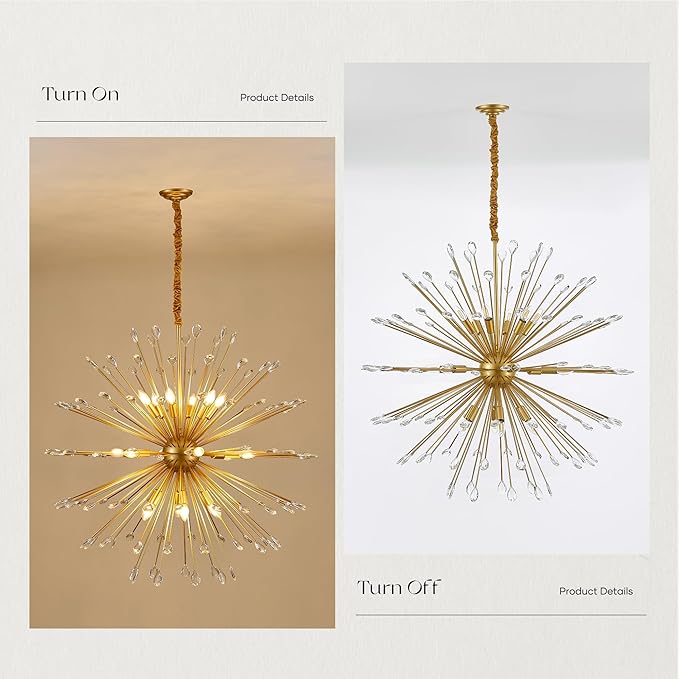 18-Light Gold Sputnik Chandeliers, 41" Starburst Firework Pendant Light fixtures, Mid-Century Modern Satellite Ceiling Lights for Dining Room, Kitchen, Bedroom, Living Room, E12