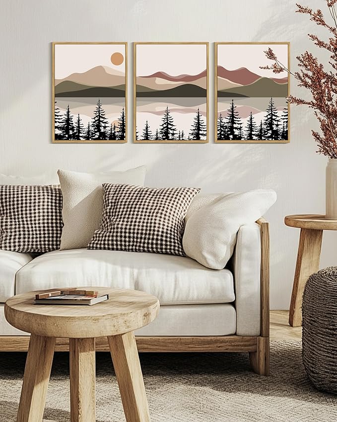 KUVIOKE Watercolor Mountain Landscape Framed Wall Art Laker Tree Boho Nature Artwork Painting Bohemain Farmhouse Rustic Home Decor 12x16in (Natural Framed)