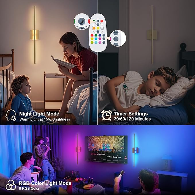 Battery Operated Wireless Wall Sconces Set of Two, with Remote, Dimmable, Warm White/Natural White/Daylight/RGB, 350°Rotate, LED Gold Wireless Wall Light for Living Room, Bedroom, 28.3 Inch