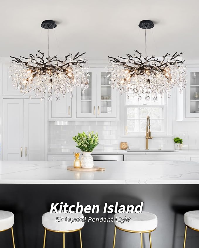 Modern Tree Branch Crystal Chandelier Luxury Black Crystal Pendant Lighting 30" Contemporary 10-Light Chandeliers for Dining Room Kitchen Bedroom Living Room