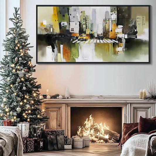 HGUAOA Abstract Canvas Wall Art for Living Room - Modern Wall Art for Office & Bedroom - Yellow City Wall Pictures for Above Bed Decor - Large Canvas Artwork for Home Decor 29×58IN