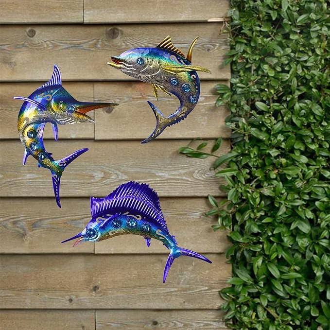 Metal Fish Wall Art Decor, 3-Piece Marlin Tuna Swordfish Set, Blue and Gold Tropical Ocean Theme Outdoor Wall Christmas Decor for Patio Garden Yard, Decorative Hanging Sculptures Christmas Decoration Gift