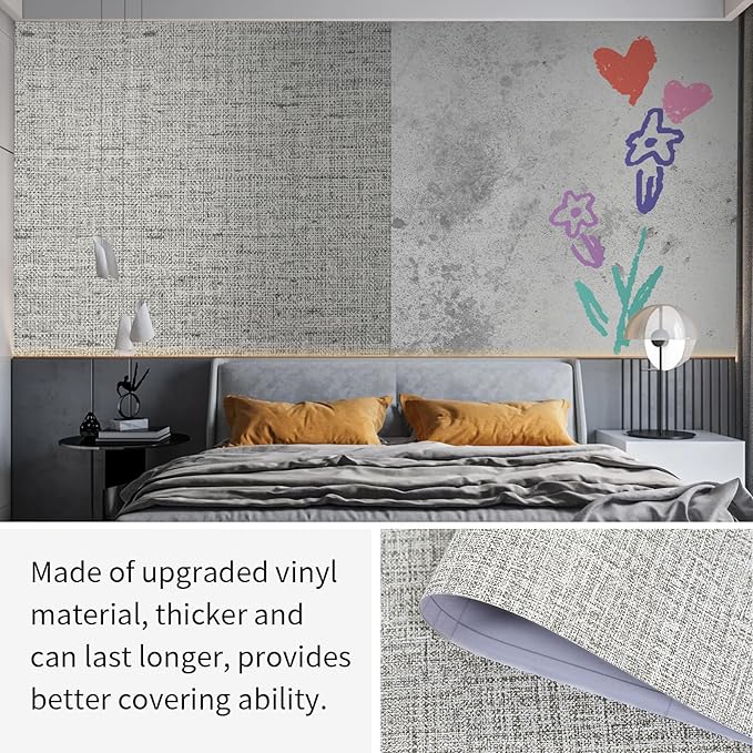 15.75"x787.4" Gray Grasscloth Wallpaper Peel and Stick Removable Textured Wall Paper Self Adhesive Contact Paper Faux Linen Cabinets Drawers Bookshelves Thickened Waterproof Shelf Vinyl Roll