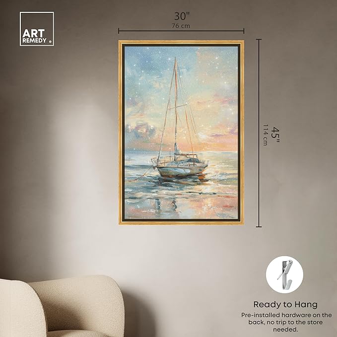 Art Remedy Boat On The Shore Framed Sailing 1 Piece Canvas Wall Art, 31.5" x 46.5", Gold Frame