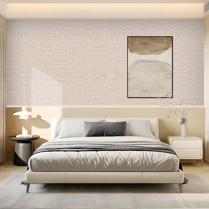 Beige Grasscloth Wallpaper Peel and Stick Contact Paper 15.75inchx118.11inch Self-Adhesive Removable Wallpaper Thicker Waterproof Fabric Textured Wall Paper for Bedroom Cabinets Covering