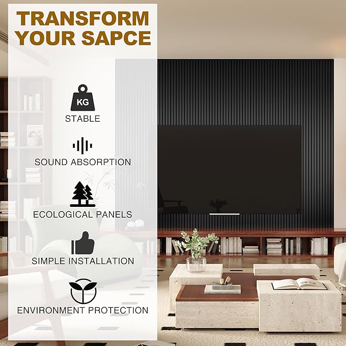 Acoustic Wood Wall Panels, 2-PC 94.49 x 12.6 in Soundproof Wood Wall Panels for Decor, Wood Slat Wall Panels for Wall Decor, Natural Black