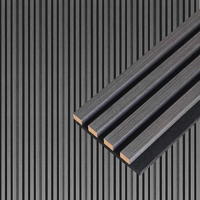 NeatiEase Wood Wall Panels, 9 Feet Acoustic Slat Wall Panels for Interior Wall Decor and Noise Reduction, Decorative Slat Wall Paneling, Dark Gray Oak, 4-Piece