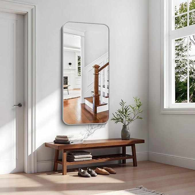 KOCUUY Silver Bathroom Mirror, 24x48 Inch Bathroom Mirror for Over Sink, HD Tempered Glass, Anti-Rust Brushed Silver Frame, Rounded Corner Modern Design for Bathroom, Hang Horizontal/Vertical