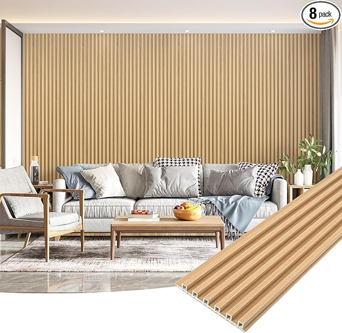 Art3dwallpanels Wood Slat Wall Paneling, 104'' x 6.7'' WPC Soundproof 3D Wall Panels for Interior Wall Decor, 8 Pack Fluted Textured Panel Wall Slats, Oak