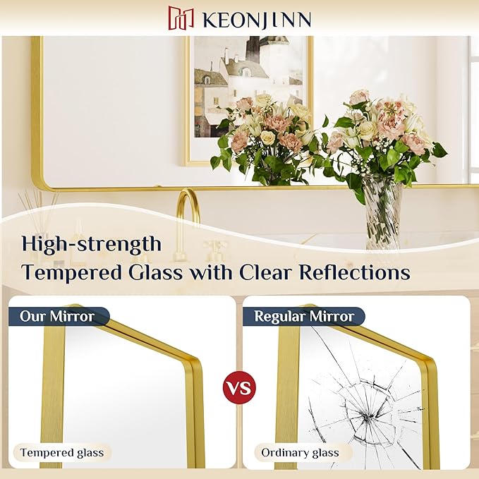 Keonjinn Gold Bathroom Mirrors for Over Sink, 22” x 30” Rounded Rectangle Brushed Gold Vanity Mirror, Anti-Rust Brass Mirror with HD Tempered Glass, Decorative Farmhouse Mirrors, Horizontal/Vertical