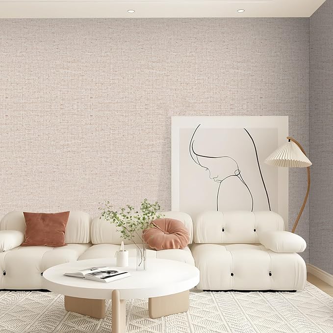Beige Grasscloth Wallpaper Peel and Stick Contact Paper 15.75inchx118.11inch Self-Adhesive Removable Wallpaper Thicker Waterproof Fabric Textured Wall Paper for Bedroom Cabinets Covering