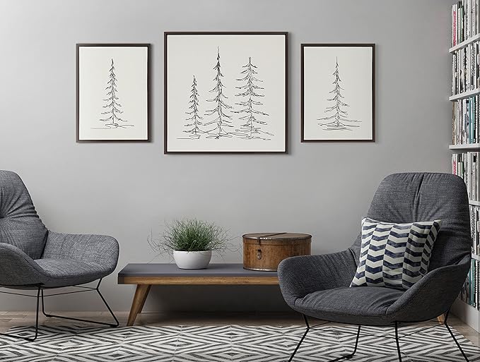 Kate and Laurel Sylvie Minimalist Evergreen Trees Sketch Framed Linen Textured Canvas Wall Art by The Creative Bunch Studio, 30x30 Brown, Chic Modern Art for Wall