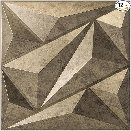 Art3dwallpanels PVC 3D Wall Panel Diamond for Interior Wall Décor, Wall Decor PVC Panel, 3D Textured Wall Panels, Pack of 12 Tiles, Antique Gold