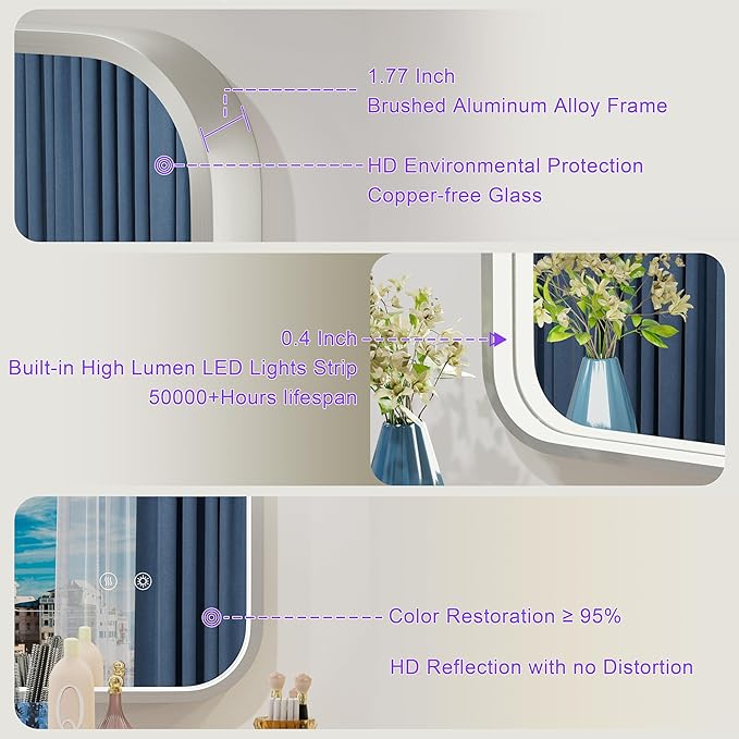 20x28 Inch Silver Frame LED Bathroom Mirror with Lights, Adjustable 3000K/4500K/6000K, Wall Mounted Lighted Bathroom Vanity Mirrors, Anti-Fog, Dimmable, Memory Funtiom, Horizontal/Vertical