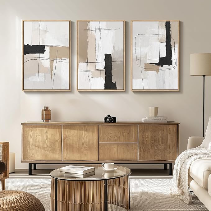 Large Framed Neutral Abstract Wall Art for Living Room, Set of 3 Modern Black and White Beige Canvas Prints Paintings Artwork for Walls, Minimalist Pictures for Bedroom Hallway Wall Decor 24x36 In